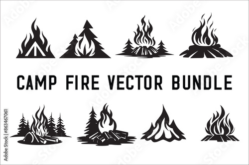 

Camp fire icon Bonfire burning silhouette Vector Bundle. Camp fire Bundle silhouette vector illustration. 