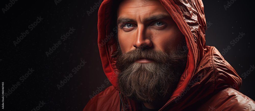 Bearded man in red hooded jacket