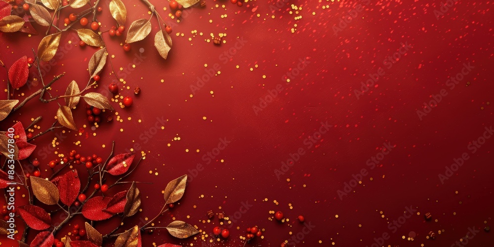 Red Background With Gold And Red Leaves And Berries Red Background With Gold And Red Leaves And Berries
