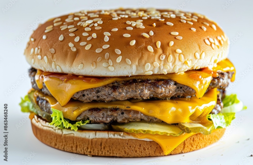 Closeup of a Double Cheeseburger With Sesame Seed Bun Closeup of a Double Cheeseburger With Sesame Seed Bun