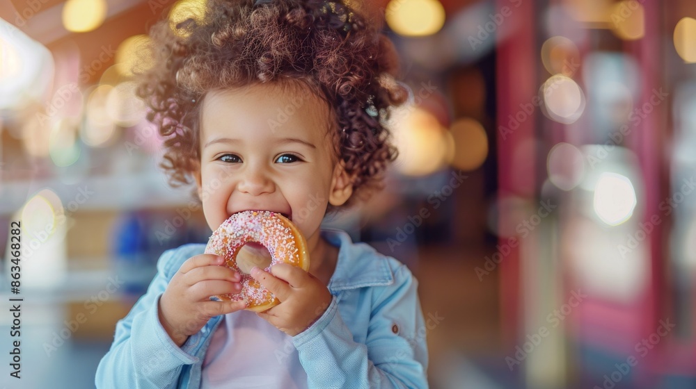 copy space, stockphoto, happy caucasian toddler eating a donut, national donut day theme. Happy black caucasian child with a donut. Colorful image. Sugar food. Child is having a good time, unhealthy f copy space, stockphoto, happy caucasian toddler eating a donut, national donut day theme. Happy black caucasian child with a donut. Colorful image. Sugar food. Child is having a good time, unhealthy f