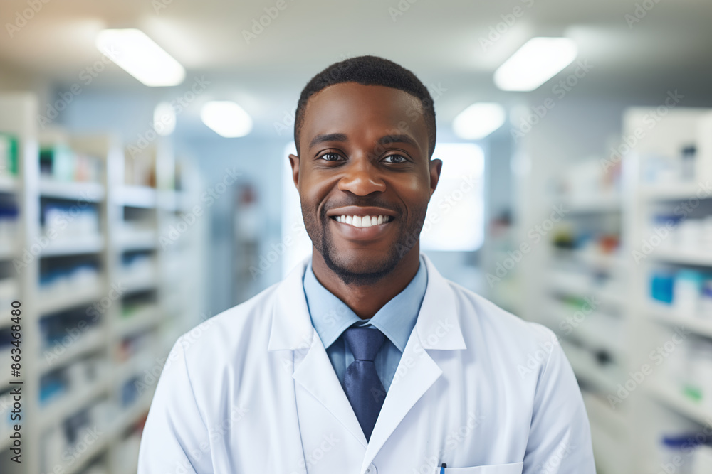 African American male pharmacist in pharmacy