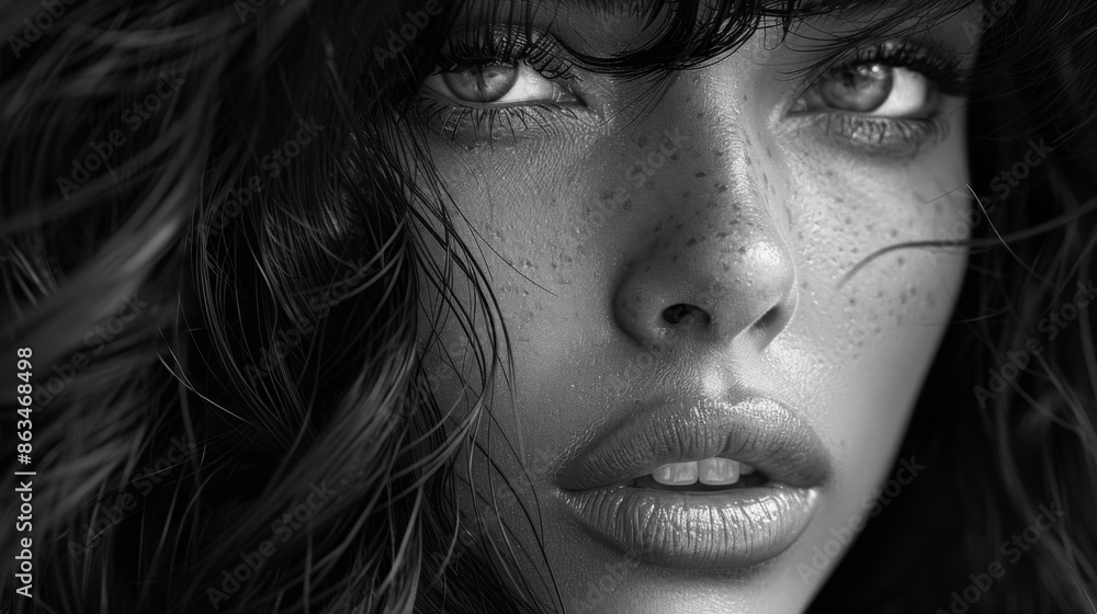 Black and white photo of beautiful woman with magnificent hair Black and white photo of beautiful woman with magnificent hair