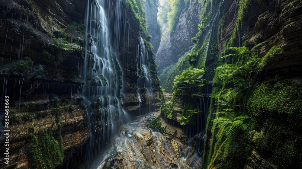 Fototapeta premium A cascading waterfall in a narrow gorge, with moss-covered walls and ferns growing in the crevices