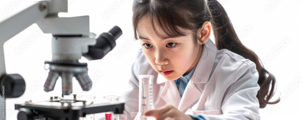 A young girl is looking through a microscope at a slide. She is wearing a lab coat and she is focused on her work A young girl is looking through a microscope at a slide. She is wearing a lab coat and she is focused on her work
