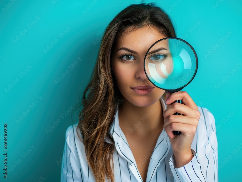 Woman holding magnifying glass, examining with curiosity against turquoise background. Concept of scrutiny, investigation, and discovery. Woman holding magnifying glass, examining with curiosity against turquoise background. Concept of scrutiny, investigation, and discovery.