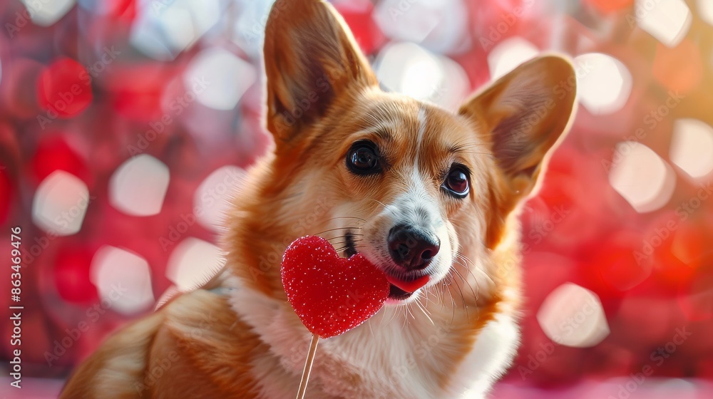 Corgi dog licks a lollipop heart, Valentine's day Corgi dog licks a lollipop heart, Valentine's day