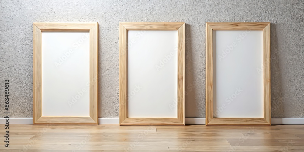 Three empty light wooden A2 frames, frames, empty, light, wooden, A2, minimalist, mockup, interior design, decor Three empty light wooden A2 frames, frames, empty, light, wooden, A2, minimalist, mockup, interior design, decor