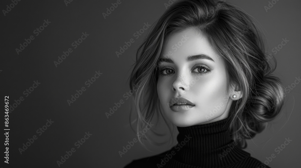 Black and white fashion art studio portrait of beautiful elegant woman in black turtleneck. Hair is collected in high beam. Elegant ballet style Black and white fashion art studio portrait of beautiful elegant woman in black turtleneck. Hair is collected in high beam. Elegant ballet style