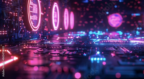 Futuristic Neon Circuit Board With Glowing Lights and Digital Displays