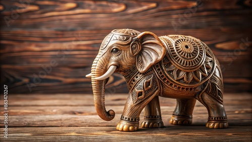 Elephant figurine with intricate carved details placed on a wooden table, elephant, figurine, Asian culture, wisdom