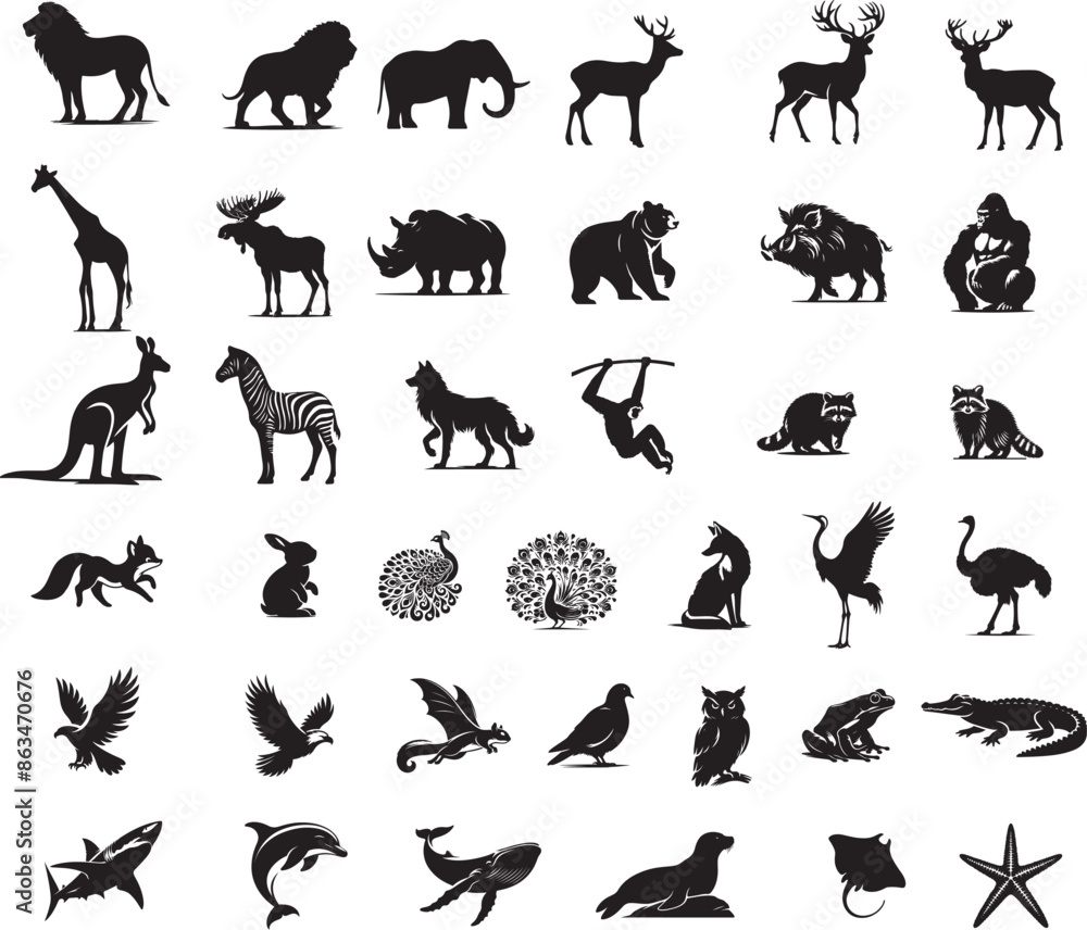 Naklejka premium Set of wild animals, aquatic animals, black silhouettes, silhouette for logo.vector illustration