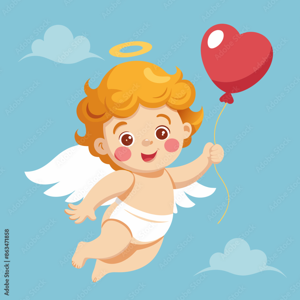 Vector cute cupid baby character holding flying balloon Vector cute cupid baby character holding flying balloon