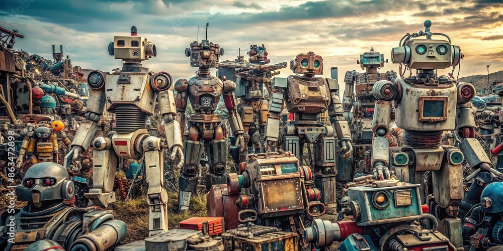 Naklejka premium Abandoned robots in a junkyard, showcasing the legacy of rapid technological obsolescence, abandoned, robots, junkyard