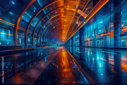  brightly lit futuristic tunnel with vibrant colors and reflective surfaces. photo