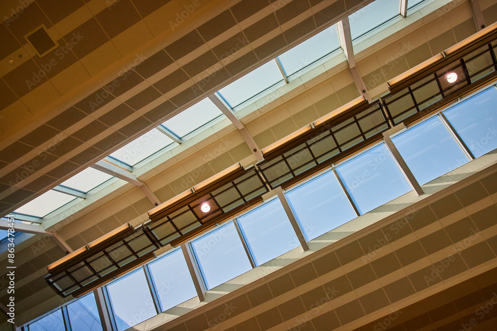 Geometric Beams and Skylights in Modern Ceiling Upward View Geometric Beams and Skylights in Modern Ceiling Upward View