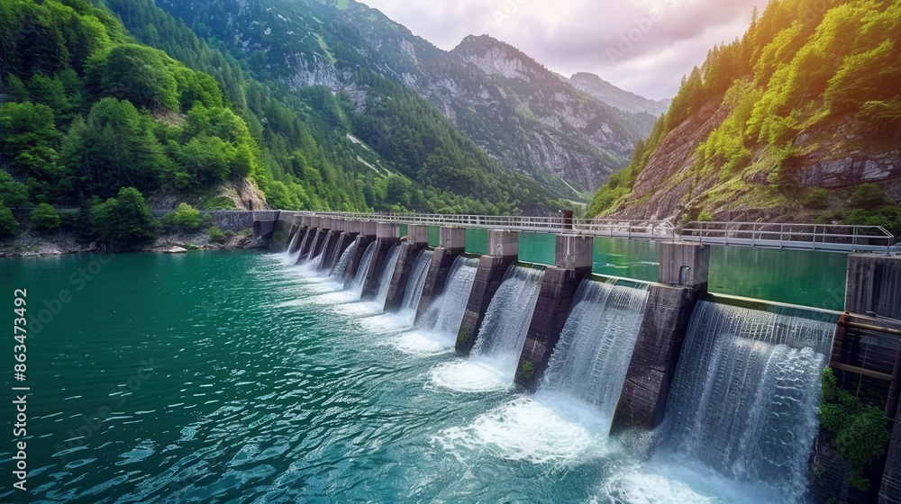A hydroelectric dam nestled in a picturesque mountain valley, showcasing the power of water flowing through its gates to generate clean energy. Generative AI A hydroelectric dam nestled in a picturesque mountain valley, showcasing the power of water flowing through its gates to generate clean energy. Generative AI