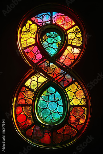 Stained-glass number 8, intricate design, gothic inspiration, vibrant colors, sunlight-illuminated.