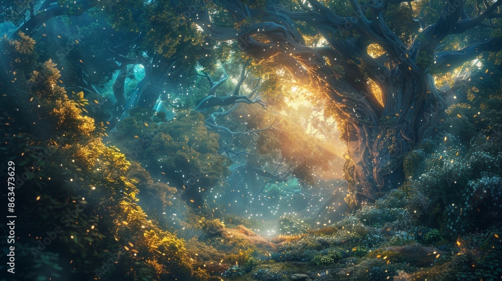 Enchanting Forest Glade with Sunlit Canopy and Mystical Atmosphere Enchanting Forest Glade with Sunlit Canopy and Mystical Atmosphere