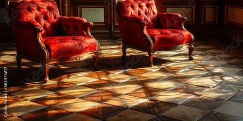 pair of vibrant red chairs perched on top of a tiled floor, poised as if engaged in an intimate conversation.