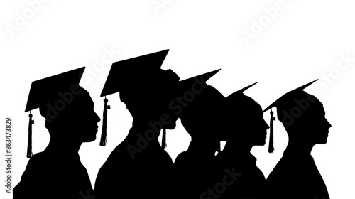 Silhouettes of graduates wearing caps, standing in a row, celebrating their achievement.