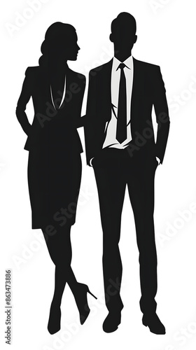 Elegant silhouette of a professional man and woman walking side by side in business attire.