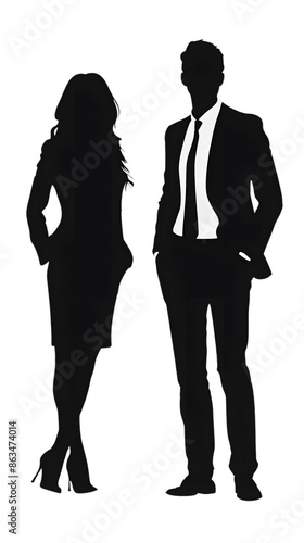 A stylish silhouette of a professional man and woman in business attire, standing confidently.
