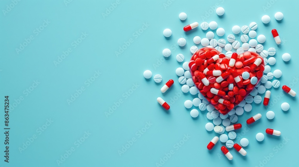 Heart shaped pills on blue background symbolizing cardiac treatment with space for text Heart shaped pills on blue background symbolizing cardiac treatment with space for text