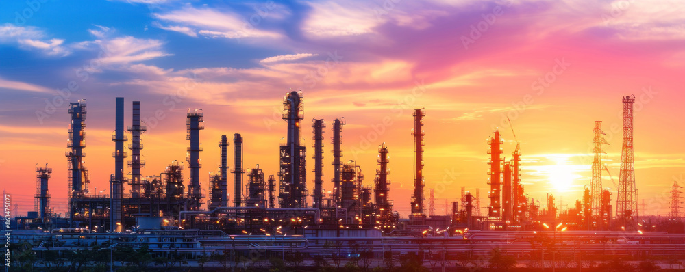 A sunset over a city skyline with many tall buildings and a large oil refinery. The sky is filled with clouds and the sun is setting, creating a warm and peaceful atmosphere A sunset over a city skyline with many tall buildings and a large oil refinery. The sky is filled with clouds and the sun is setting, creating a warm and peaceful atmosphere
