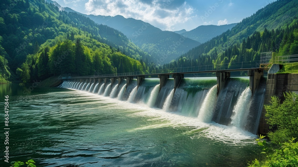 A hydroelectric dam generates clean energy in a stunning mountainous landscape, showcasing the potential of renewable resources. Generative AI A hydroelectric dam generates clean energy in a stunning mountainous landscape, showcasing the potential of renewable resources. Generative AI