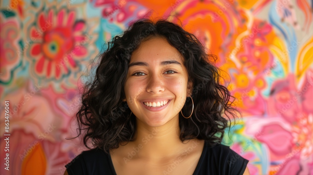 smiling beautiful hispanic woman, background is kawaii style smiling beautiful hispanic woman, background is kawaii style