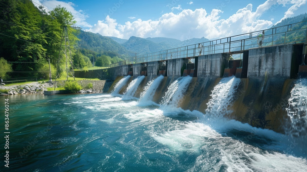 A hydroelectric dam in a mountainous region generates power from the flow of water. Generative AI A hydroelectric dam in a mountainous region generates power from the flow of water. Generative AI