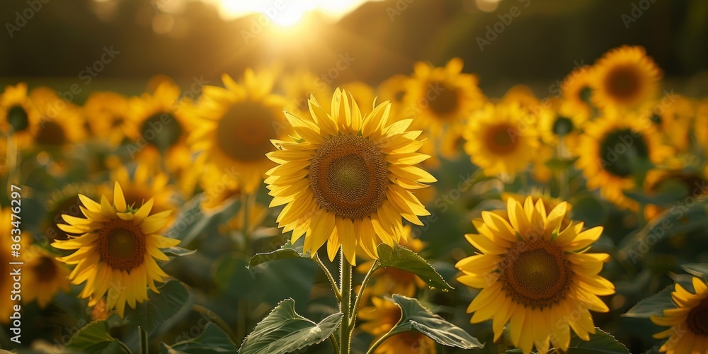 Fototapeta premium gorgeous field of sunflowers swaying gracefully as the sun sets in the background, casting a warm golden hue over the scene.