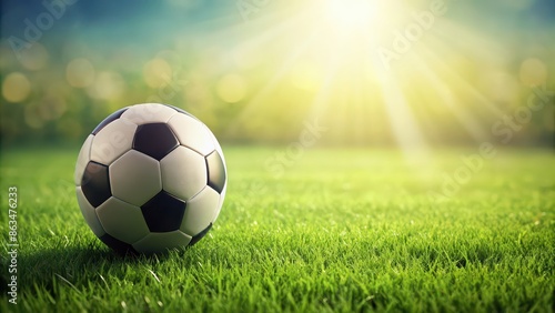 Soccer ball laying on vibrant green grass field , sports, soccer, football,outdoor, game, competition, team sport