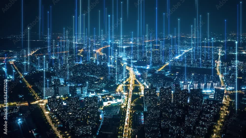 smart Connected city skyline. Futuristic network concept, city Technology
