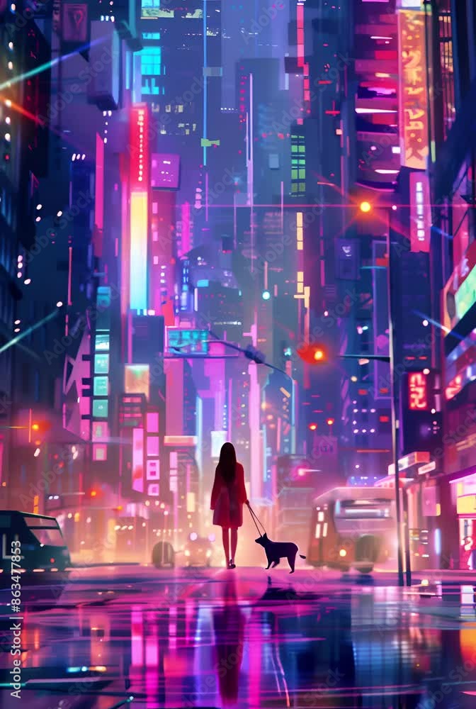 A figure walks through a neon-lit futuristic cityscape, surrounded by vibrant skyscrapers A figure walks through a neon-lit futuristic cityscape, surrounded by vibrant skyscrapers
