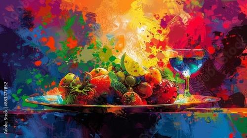 Abstract Fruit Still Life with Vibrant Splash of Colors photo