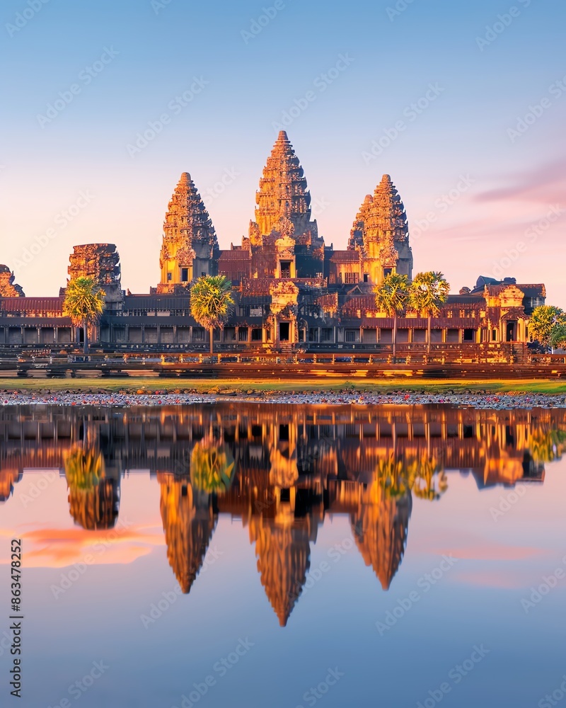 Reflection of Angkor Wat in the water during sunrise, Angkor Wat, temple complexes Reflection of Angkor Wat in the water during sunrise, Angkor Wat, temple complexes