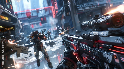 In-game screenshot of a fast-paced shooter game set in a vibrant cityscape. 