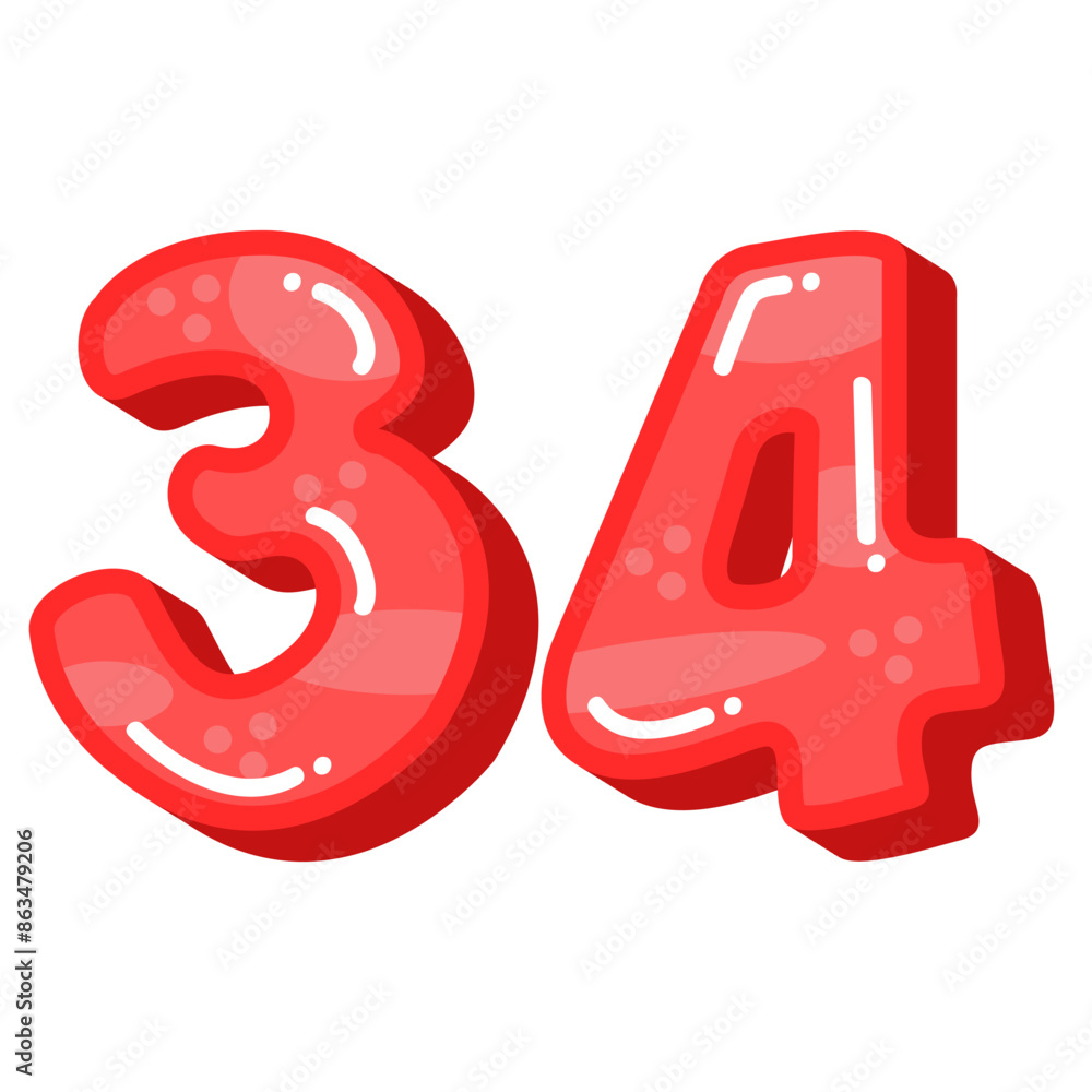 Cute number 34 thirty four vector image, red color number 34 clip art vector illustration Cute number 34 thirty four vector image, red color number 34 clip art vector illustration