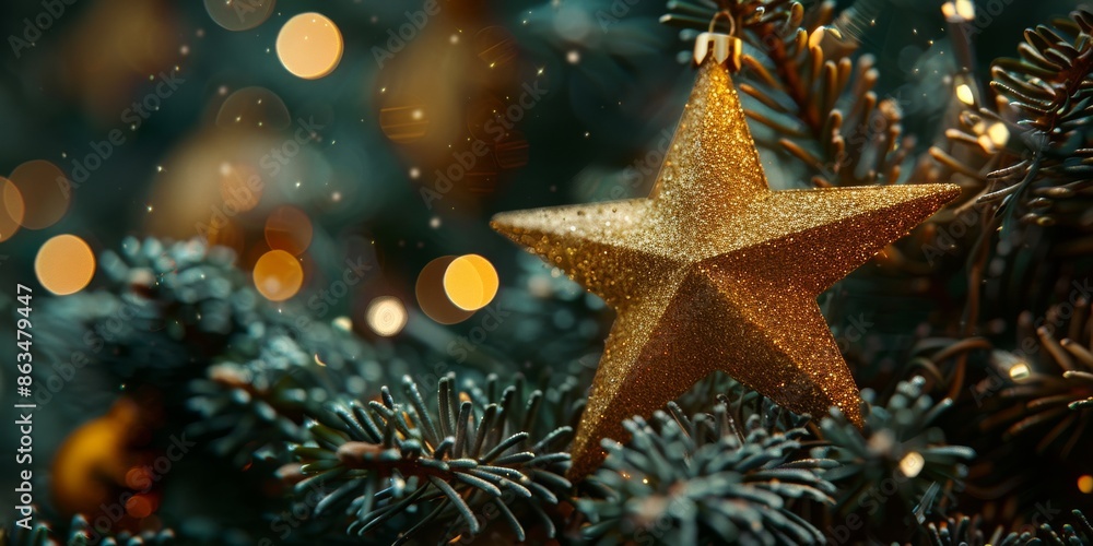 Festive Glow: Close-Up of Christmas Star Decoration on a Tree Festive Glow: Close-Up of Christmas Star Decoration on a Tree