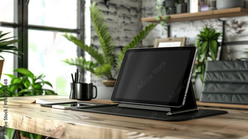 Fototapeta premium Tablet displaying screen mockup with stand and accessories on wooden co working table