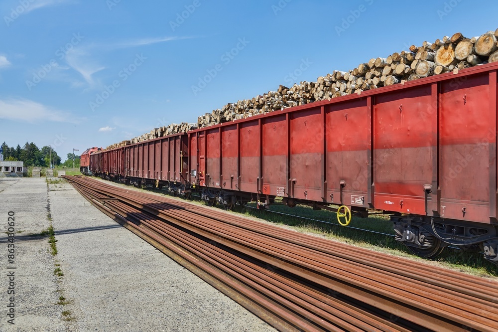 Obraz premium Freight Train Wagons Transporting Wood