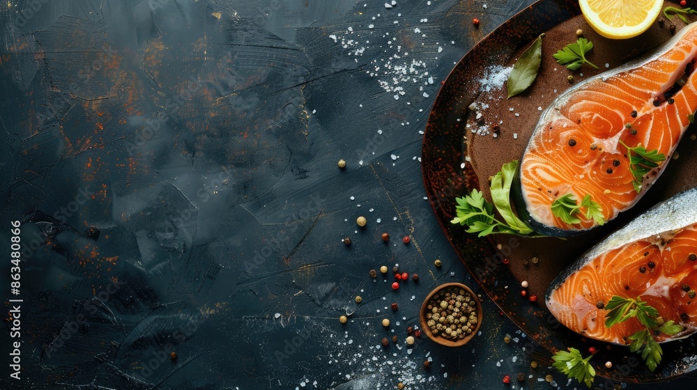 Trout steak with lemon and seasonings on dark background with empty area Trout steak with lemon and seasonings on dark background with empty area