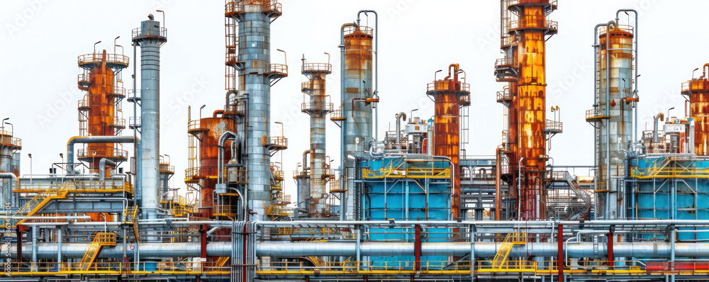 A large industrial plant with many tall yellow and orange structures. The plant is old and rusty, giving it a sense of age and history. The scene conveys a feeling of industrial activity A large industrial plant with many tall yellow and orange structures. The plant is old and rusty, giving it a sense of age and history. The scene conveys a feeling of industrial activity