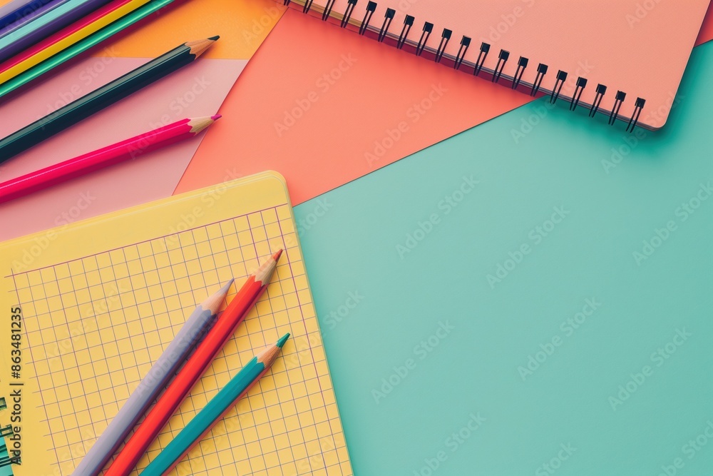 Top view of school supplies, color pencils and notebooks, blue and red background, back to school concept, copy space Top view of school supplies, color pencils and notebooks, blue and red background, back to school concept, copy space