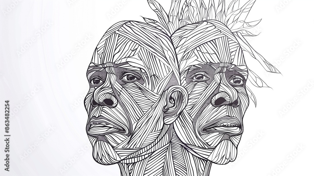 Detailed line art of two aboriginal faces back-to-back. Detailed line art of two aboriginal faces back-to-back.