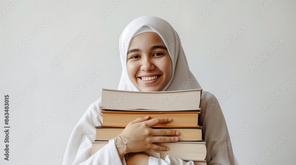 A smiling girl in a hijab holds a stack of books against a white background, symbolizing education, learning, and academic achievement. Ideal for school or academic event designs. A smiling girl in a hijab holds a stack of books against a white background, symbolizing education, learning, and academic achievement. Ideal for school or academic event designs.