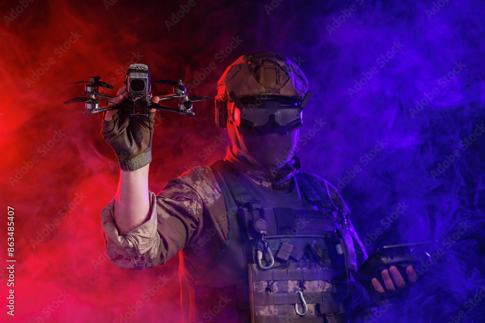 Naklejka premium A soldier is depicted holding a drone while wearing stealth gear for military operations