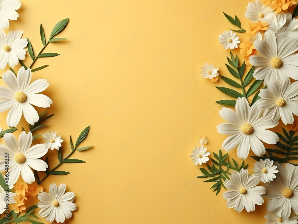 Obraz premium Generous Circular blank frame surrounded with flowers on yellow surface
